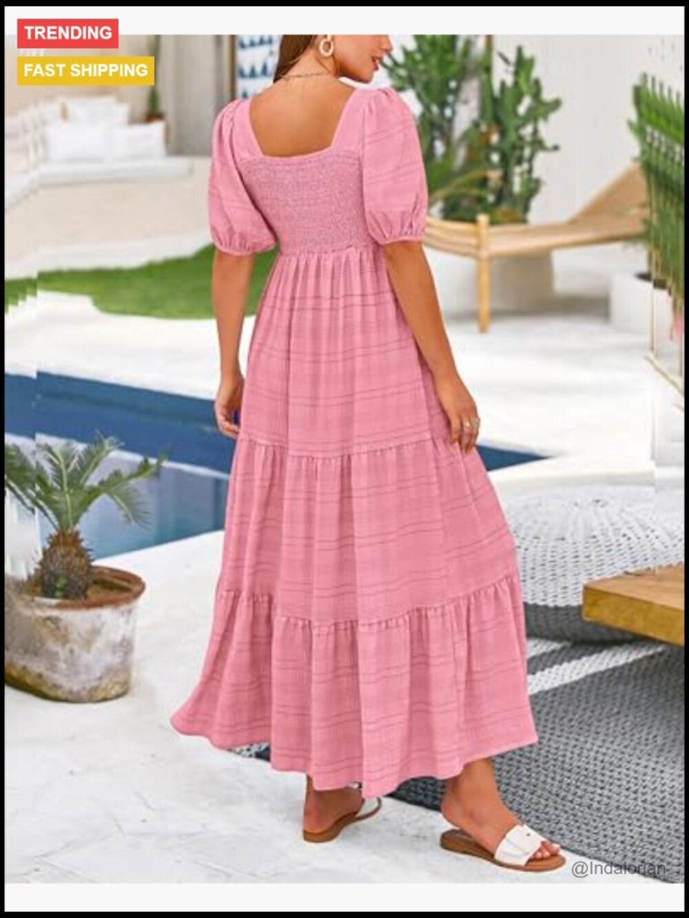 Polyester Puff Sleeve Square Neck Smocked Back A-Line Midi Dress - Picture 5 of 7
